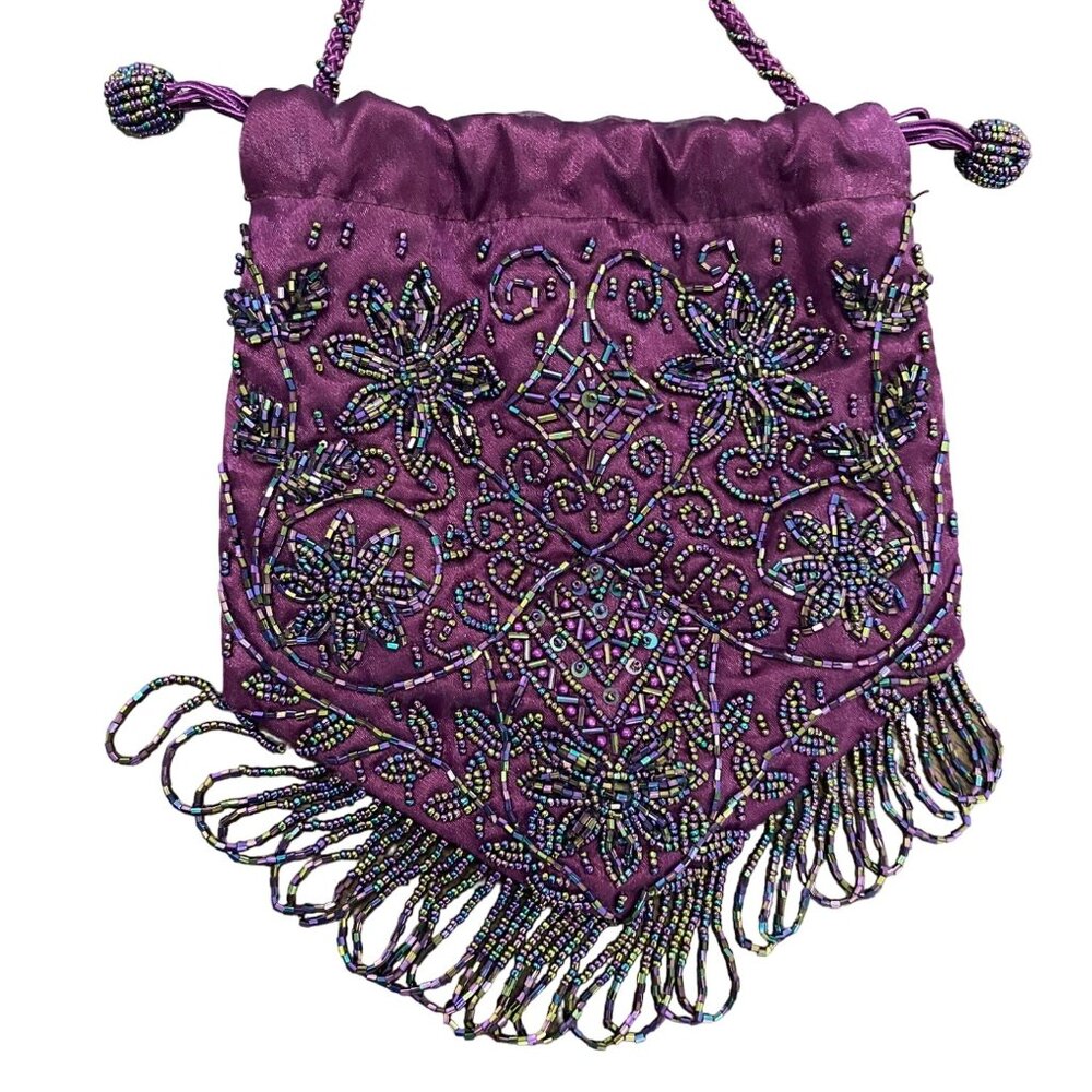 Women's Purple Beaded Embellished Drawstrings Evening Clutch Size S